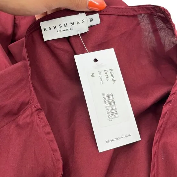 HARSHMAN Belinda Midi Dress Burgundy 100% Cotton Drawstring Classic Fit Med NEW