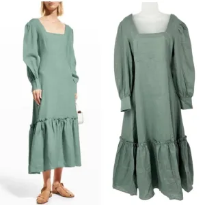 HARSHMAN Bloom Flounce Ruffle Dress Olive Green Linen Cottagecore Small NEW