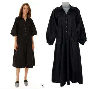 HARSHMAN Muriel Shirt Dress Black 3/4 Length Balloon Sleeve Button Small NEW