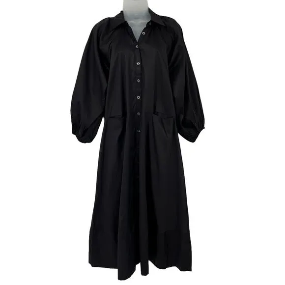 HARSHMAN Muriel Shirt Dress Black 3/4 Length Balloon Sleeve Button Small NEW