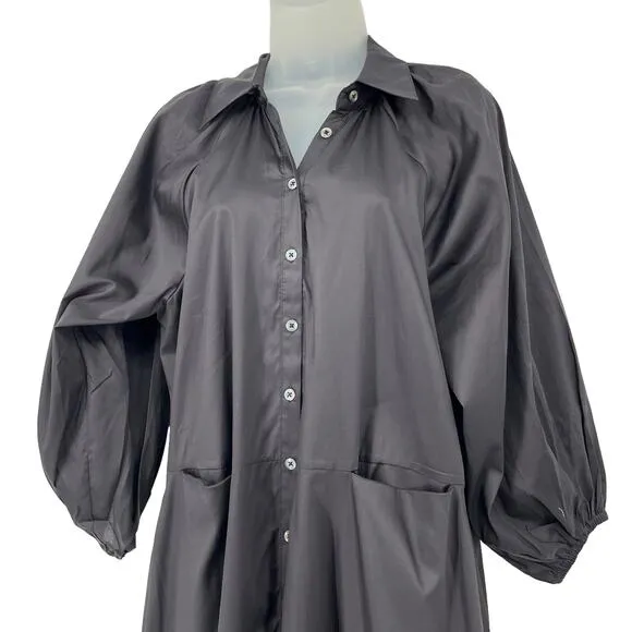 HARSHMAN Muriel Shirt Dress Black 3/4 Length Balloon Sleeve Button Small NEW