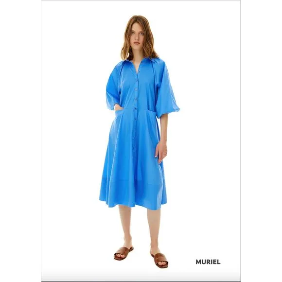 HARSHMAN Muriel Shirt Dress Supersonic Blue Long Sleeve Button Size Small NEW