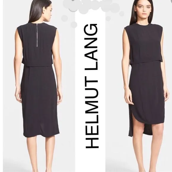 Helmut Lang Blaze Layered Dress Size 4 Black Hi-Low Hem Minimalist Workwear 90s