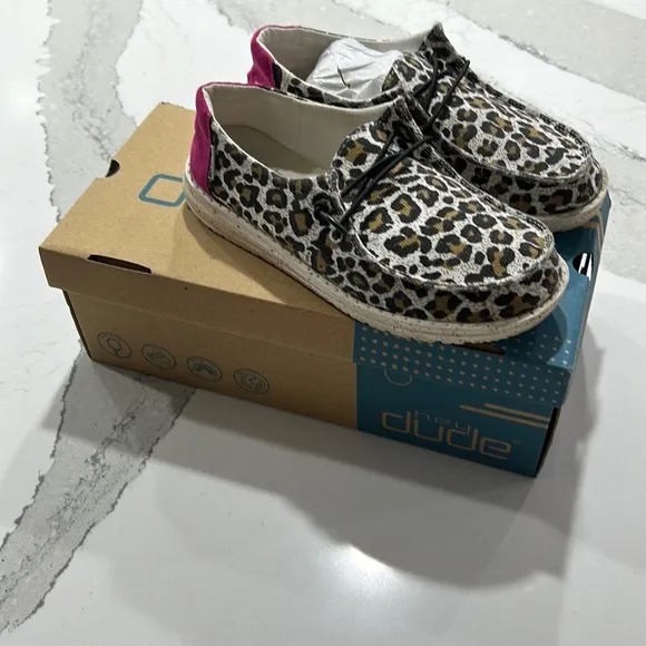 Hey Dude Leopard Print Kids Shoes with Pink Accent