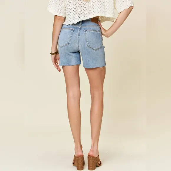 High Rise Cut-off Frayed Midi Boyfriend Jean Shorts Slit Relaxed Fit Judy Blue