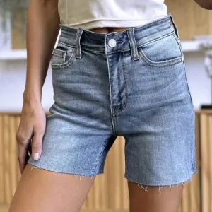 High Rise Cut-off Frayed Midi Boyfriend Jean Shorts Slit Relaxed Fit Judy Blue