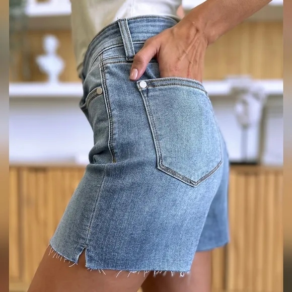 High Rise Cut-off Frayed Midi Boyfriend Jean Shorts Slit Relaxed Fit Judy Blue