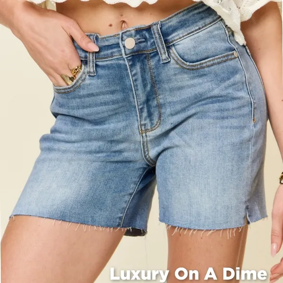 High Rise Cut-off Frayed Midi Boyfriend Jean Shorts Slit Relaxed Fit Judy Blue