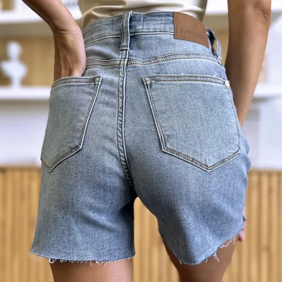 High Rise Cut-off Frayed Midi Boyfriend Jean Shorts Slit Relaxed Fit Judy Blue
