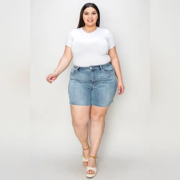 High Rise Cut-off Frayed Midi Boyfriend Jean Shorts Slit Relaxed Fit Judy Blue