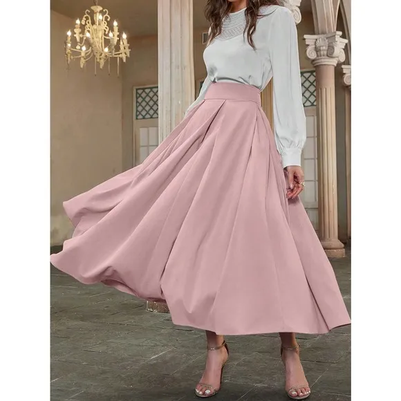 High Waist Pleated Detail Flare midi Skirt business casual white