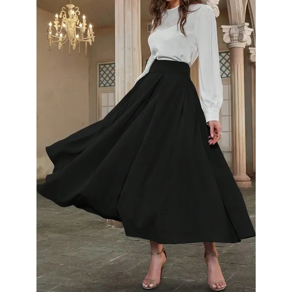 High Waist Pleated Detail Flare midi Skirt business casual white