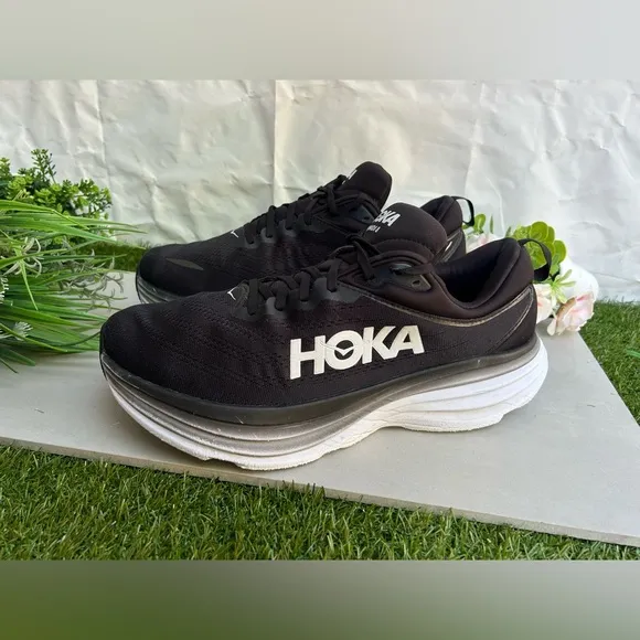 HOKA BONDI  8 Running black and white Shoe men size  12.2E preowned