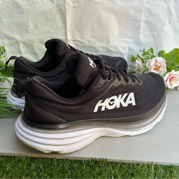 HOKA BONDI  8 Running black and white Shoe men size  12.2E preowned