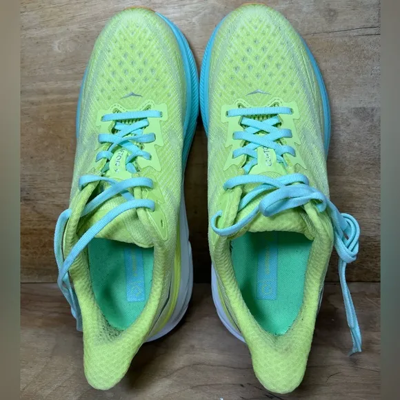 Hoka One One Clifton 9 Womens Size 8.5 Running Shoes Citrus Glow/Sunlit Ocean