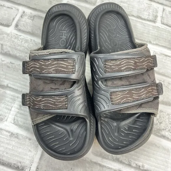 Hoka One Ora Luxe Men’s Size 10 Black Recovery Slide Slippers Adjustable Sandals