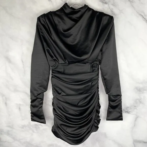 House of CB Giorgiana Pleated Draped Long Sleeve Strong Shoulder Dress Black S