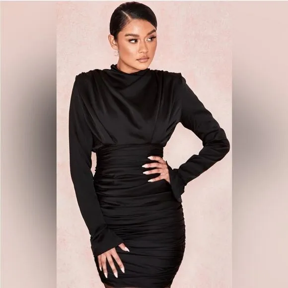 House of CB Giorgiana Pleated Draped Long Sleeve Strong Shoulder Dress Black S