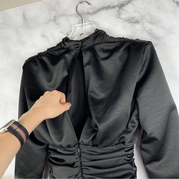 House of CB Giorgiana Pleated Draped Long Sleeve Strong Shoulder Dress Black S
