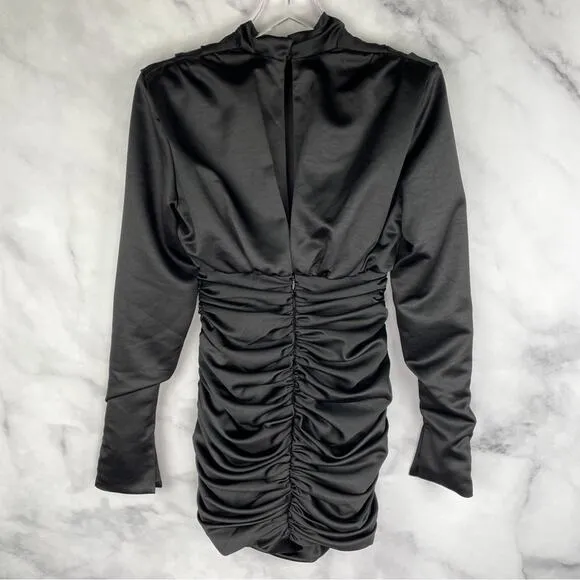 House of CB Giorgiana Pleated Draped Long Sleeve Strong Shoulder Dress Black S