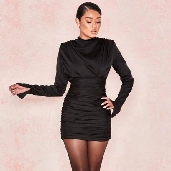 House of CB Giorgiana Pleated Draped Long Sleeve Strong Shoulder Dress Black S