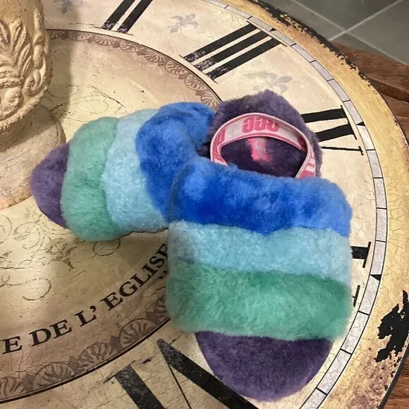 ❤️HP❤️Ugg fluff  slide slippers neon rainbow