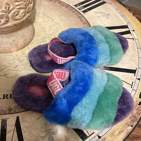 ❤️HP❤️Ugg fluff  slide slippers neon rainbow