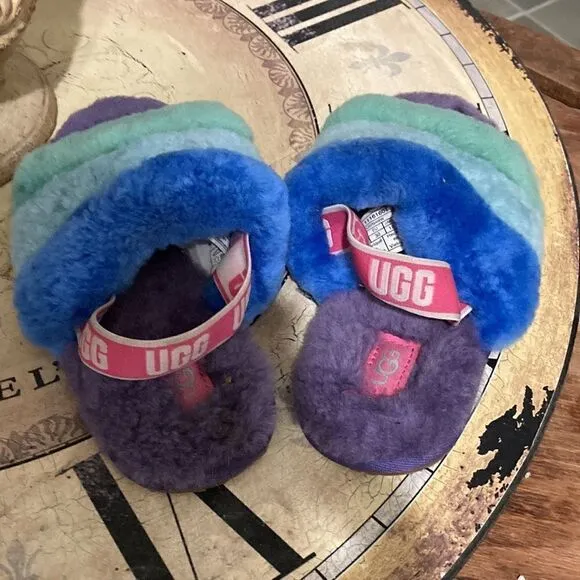 ❤️HP❤️Ugg fluff  slide slippers neon rainbow
