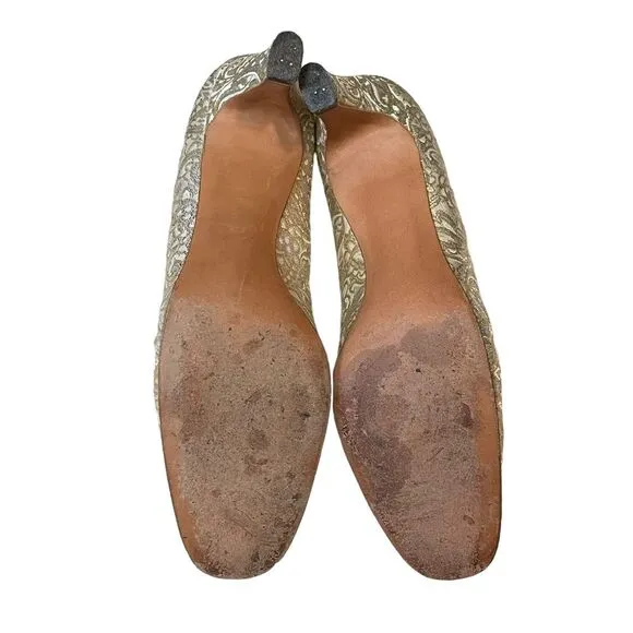 Huggins Shoes Dressy Heels Champagne Silver Gold Embossed Tapestry, size 6.5AAA