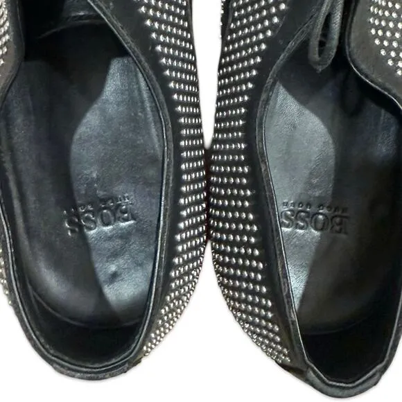 Hugo Boss Leather Black Silver Studded Lace Up Oxford Windsor Dress Shoes Sz 6.5