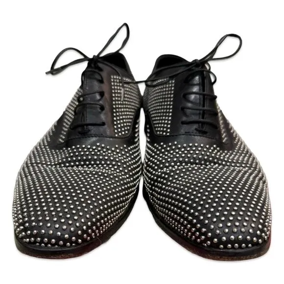 Hugo Boss Leather Black Silver Studded Lace Up Oxford Windsor Dress Shoes Sz 6.5