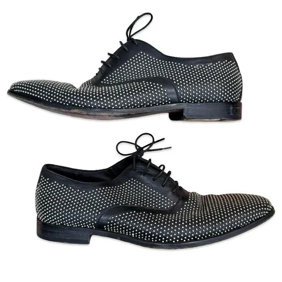 Hugo Boss Leather Black Silver Studded Lace Up Oxford Windsor Dress Shoes Sz 6.5