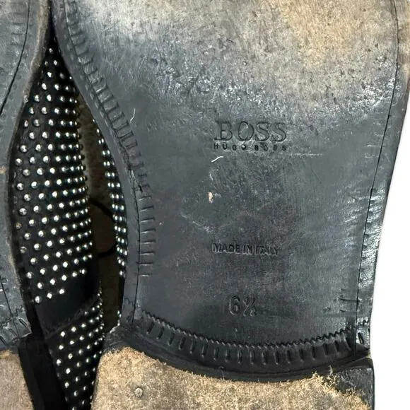 Hugo Boss Leather Black Silver Studded Lace Up Oxford Windsor Dress Shoes Sz 6.5