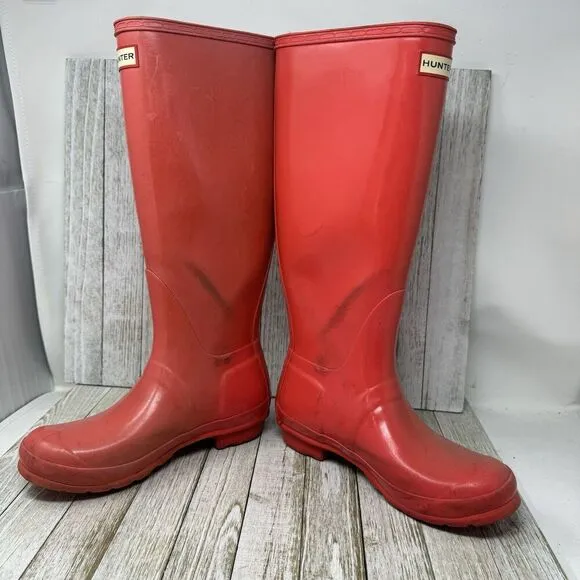 Hunter Rain Boots Womens Size 7 Pink Rubber Original Tall Classic Outdoor Matte