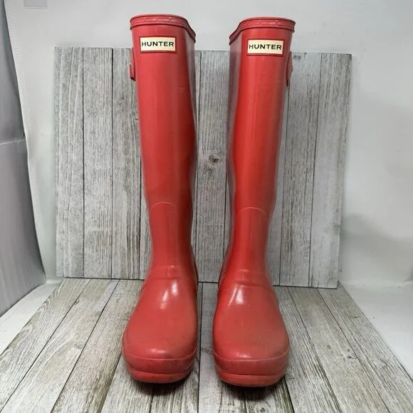 Hunter Rain Boots Womens Size 7 Pink Rubber Original Tall Classic Outdoor Matte