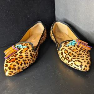 Hush Puppies NWOT 7 cheetah print genuine fur colorful tassel slip on loafers