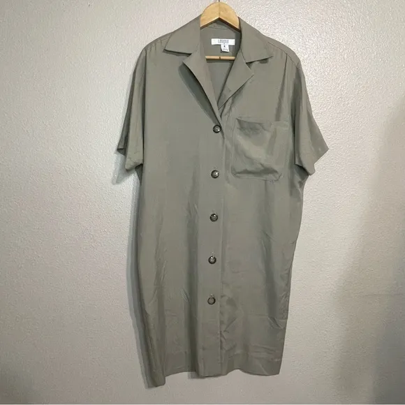 I Magnin Taupe Silk Button Shirt Dress VINTAGE Minimalist