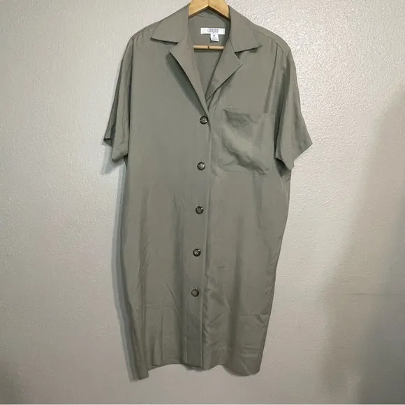I Magnin Taupe Silk Button Shirt Dress VINTAGE Minimalist