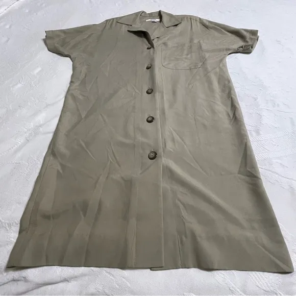 I Magnin Taupe Silk Button Shirt Dress VINTAGE Minimalist