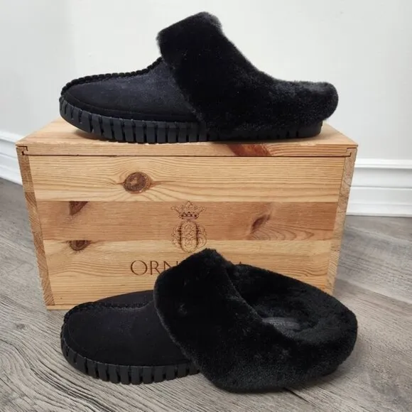 Ilse Jacobsen Tulip Black Fur Trimmed Slip On Slippers Size 39 EU NWOT