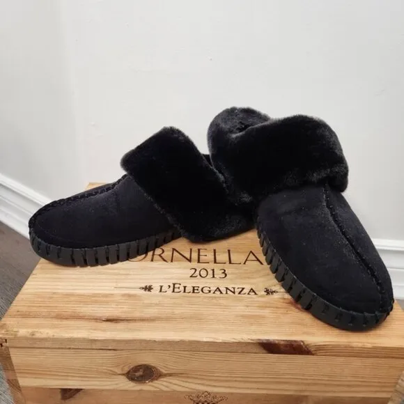 Ilse Jacobsen Tulip Black Fur Trimmed Slip On Slippers Size 39 EU NWOT