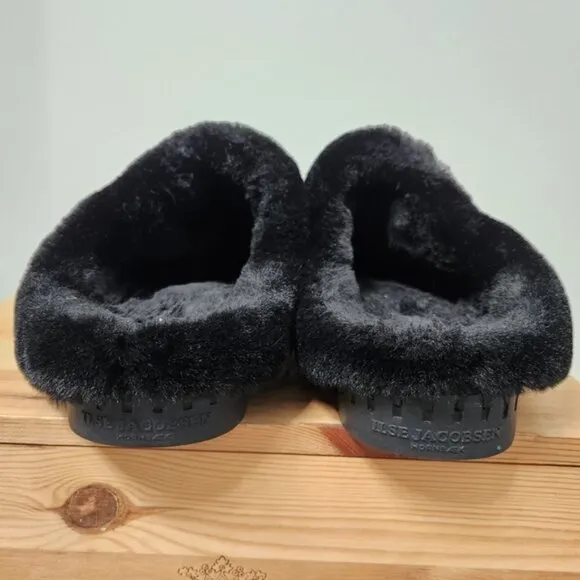 Ilse Jacobsen Tulip Black Fur Trimmed Slip On Slippers Size 39 EU NWOT