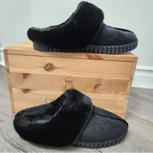 Ilse Jacobsen Tulip Black Fur Trimmed Slip On Slippers Size 39 EU NWOT