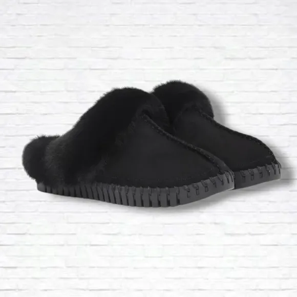 Ilse Jacobsen Tulip Black Fur Trimmed Slip On Slippers Size 39 EU NWOT