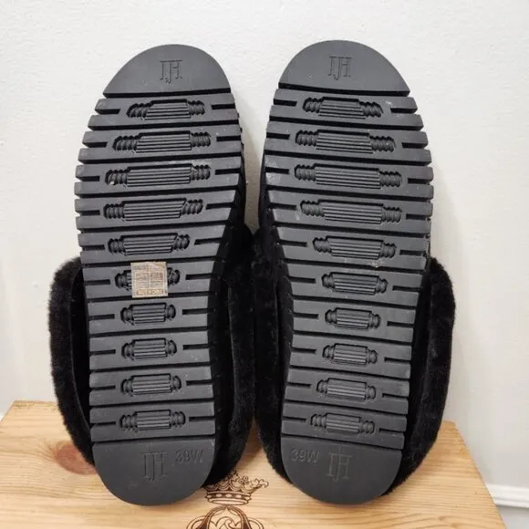 Ilse Jacobsen Tulip Black Fur Trimmed Slip On Slippers Size 39 EU NWOT