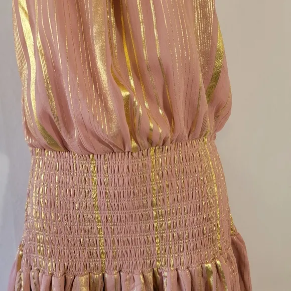 INA Pink and Gold Pleated Mini Dress Sz M Halterneck Y2K Swifty Minimalist Lined