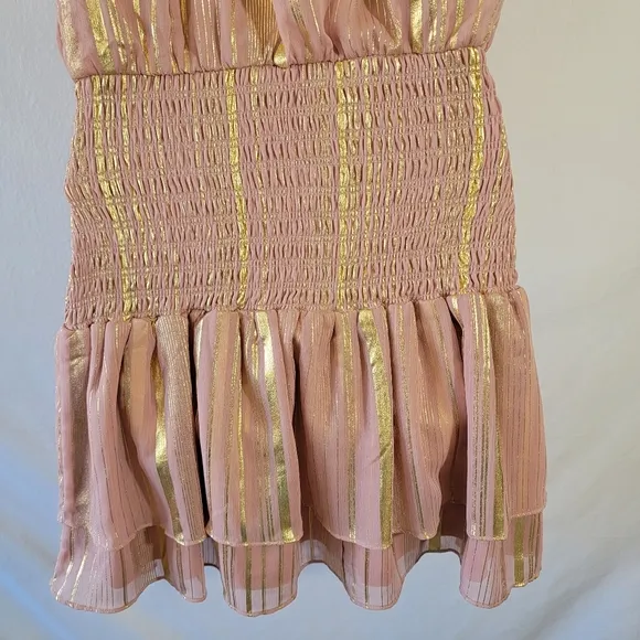 INA Pink and Gold Pleated Mini Dress Sz M Halterneck Y2K Swifty Minimalist Lined