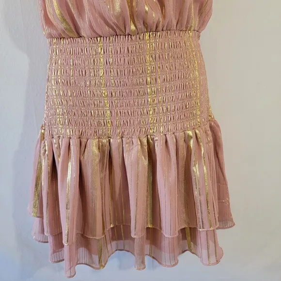 INA Pink and Gold Pleated Mini Dress Sz M Halterneck Y2K Swifty Minimalist Lined