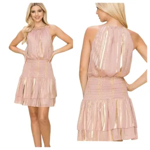 INA Pink and Gold Pleated Mini Dress Sz M Halterneck Y2K Swifty Minimalist Lined