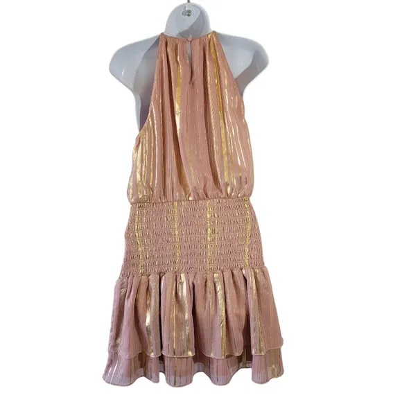 INA Pink and Gold Pleated Mini Dress Sz M Halterneck Y2K Swifty Minimalist Lined